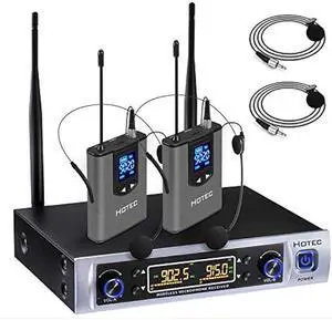 HOTEC UHF Wireless Microphone System with Dual Lapel/Lavalier and Headset Microphones Over PA, Mixer, Speaker, Karaoke Machine for Church, Training, Classroom, Interview (H-K25)