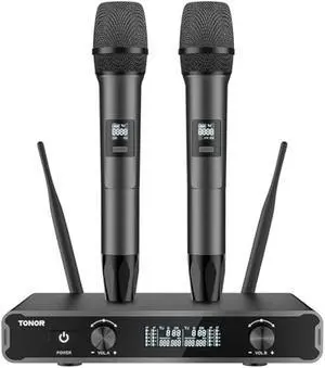TONOR Dual Wireless Microphone Systems, UHF Cordless Karaoke Microfono Set, Metal Handheld Dynamic Mic 200ft for Singing with Receiver for Karaoke, DJ Party, Church, Wedding, Speech, PA TW450 Grey