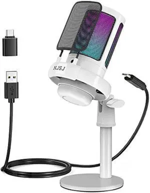NJSJ USB Microphone for PC, Gaming Mic for PS4/ PS5/ Mac/Phone,Condenser Microphone with Touch Mute, RGB Lighting,Gain knob & Monitoring Jack for Streaming,Podcasting (with Desktop Stand, White)