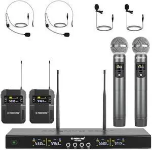 Phenyx Pro Wireless Microphone System, 4-Channel Wireless Mic Set with Handheld/Bodypack/Headset/Lapel Mics, Cordless Microphone for Singing, Karaoke, Church (PTU-5200-2H2B)