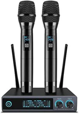 VeGue Wireless Microphone, Metal Dual Professional UHF Cordless Dynamic Mic Handheld Microphone System for Home Karaoke Party, Meeting, Church, DJ, Wedding, Home KTV Set