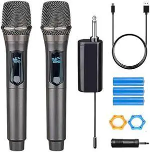 Wireless Microphone, Rechargeable Fixed Frequency Wireless Dual Microphone, Dual Handheld Dynamic Microphone,Karaoke Singing, Weddings DJ,Party, Church, Classroom use, 200 feet, Gray