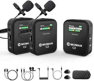 Moman Wireless Lavalier Microphone C2X, 2.4G Dual Transmitter Lapel Mic 656FT 8H for Online Class Vlog Stream YouTube for Camera Smartphone Tablet (C2X Dual)