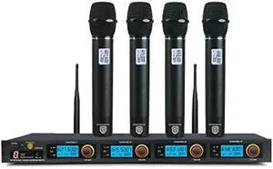 PRORECK MX44 4-Channel UHF Wireless Microphone System with 4 Hand-held Microphones Karaoke Machine for Party/Wedding/Church/Conference/Speech