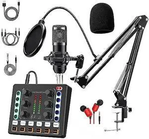 Podcast Equipment Bundle, BM-800 Podcast Microphone Bundle-Voice Changer with live Sound Card-Studio Condenser Microphone for Phone, PC, DJ, Perfect for Recording, Singing, Streaming and Gaming