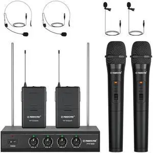 Phenyx Pro Wireless Microphone System, 4-Channel VHF Wireless Microphone Set with 2 Handhelds/2 Bodypacks/2 Lapels/ 2 Headset, Metal Receiver, Suitable for Church, Meeting, Conference(PTV-2000-2H2B)