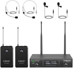 Phenyx Pro Dual UHF Wireless Microphone SystemAuto-Scan Cordless Mic Set w/ 2x100 Frequencies, 2 Bodypacks & Headsets/Lapel Microphones for Speaking, Singing, Church, DJ (PTU-71-2B)