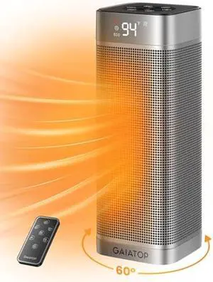 Gaiatop Space Heaters for Indoor Use, Portable Electric Heater with Thermostat, 1500W PTC Ceramic Room Heater with Remote, 5 Modes, 60° Oscillating, 12H Timer Fast Heating Bedroom Office Bathroom Home