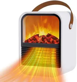 Portable Mini Electric Fireplace Heater,Small Room Space Heaters for Indoor Use with 3D Flames,PTC Ceramic Heater, Desk Space Heater for Bedroom,Bathroom and Office Quiet Small(White)