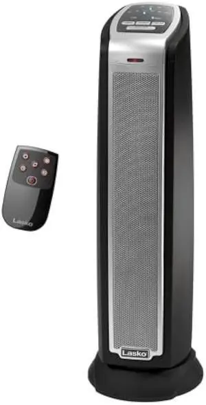 Lasko Portable Electric 1500 Watt Indoor Oscillating Tower Ceramic Space Heater with Adjustable Thermostat, Remote, and Timer, Silver