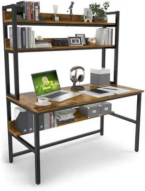 Aquzee Computer Desk with Hutch, 47W x 23.6 D Desk with Shelves, Tall Home Office Desk with Bookshelf, Metal Legs Study Table with Upper Storage Shelf for Study Writing/Workstation