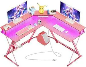 SEVEN WARRIOR Gaming Desk 50.4 with LED Light & Power Outlets, L-Shaped Gaming Desk Carbon Fiber Surface with Monitor Stand, Ergonomic Gamer Table with Headphone Hook, Pink