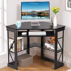 VECELO Corner Desk Computer Desk Writing Table with Smooth Keyboard Tray & Storage Shelves,Compact Home Office Triangle Table,Black