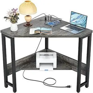 Armocity Corner Desk Small Desk with Outlets Corner Table for Small Space, Computer Desk with USB Ports Triangle Desk with Storage for Home Office, Workstation, Living Room, Bedroom, Oak