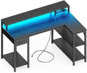 SUPERJARE Reversible L Shaped Gaming Desk with Drawer, LED Lights & Power Outlets, Corner Computer Desk with Shelves & Monitor Stand for Home, Office, Black, 47 inches