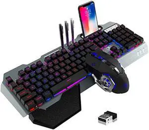 Wireless Gaming Keyboard and Mouse Combo,Rainbow LED Backlit Keyboard with Rechargeable 3800mAh Battery Metal Panel,Removable Wrist Rest Mechanical Feel and 7 Color Mute Gaming Mice for PC PS4 PS5
