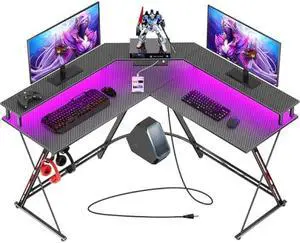 SEVEN WARRIOR L Shaped Gaming Desk with LED Lights & Power Outlets, 50.4 Computer Desk with Monitor Stand, Corner Desk with Carbon Fiber Surface, Gaming Table with Hooks, Black