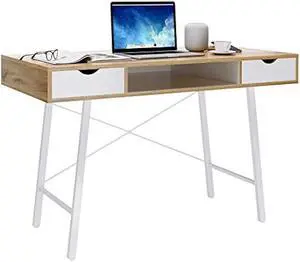 soges Mid Century Desk with Drawers, 47 inches Writing Study Desk with 2 Drawer and Opening Storage Cube, Home Office Computer Desk for Small Space, Multifunctional Vanity Desk Dressing Table