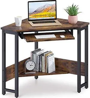ODK Corner Desk, Triangle Computer Desk, Small Desk Sturdy Steel Frame for Workstation with Smooth Keyboard Tray & Storage Shelves, Vintage