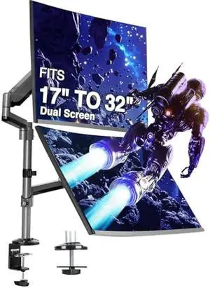 AVLT Dual 17-32 Stacked Monitor Arm Desk Mount for 2 Flat or Curved Screens, Full Motion Height Adjustable with Swivel, Tilt, Rotation, Extra Tall, VESA, C-Clamp or Grommet Base