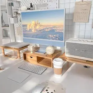 Dual Monitor Stand Riser with Drawer for Desk Laptop Desk Shelf with Adjustable Length and Angle, Bamboo Computer Stand Riser for 2 or 3 Monitors Screen Laptop PC TV -Natural