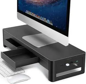 meatanty 2 in 1 Monitor Stand Riser with 2 Storage Drawers and 4 USB Ports, Metal Computer Monitor Stand Supports Transfer Data and Charging, Desk Organizer for PC,Laptop,iMac (21 inches)