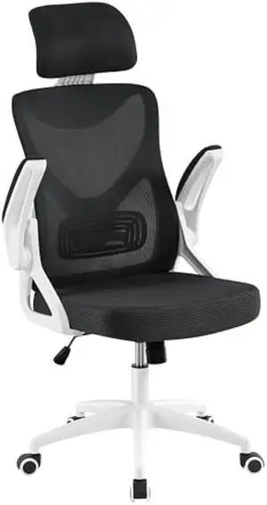 Yaheetech Ergonomic Mesh Office Chair, High Back Desk Chair with with flip-up Armrests, Adjustable Padded Headrest Computer Chair with Lumbar Support for Home Oiffce Game Room, White/Black