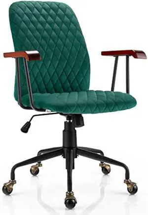 Giantex Home Office Desk Chair Green, Vintage Adjustable Swivel Rolling Chair with Copper Wheels & Armrest, Mid Century Leisure Chair, Velvet Upholstered Computer Chair for Work, Study
