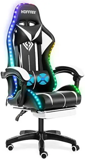 RGB Gaming Chair with LED Lights and Massage Ergonomic Computer Chair High Back Video Game Chair with Footrest and Adjustable Lumbar Support Linkage Armrest White and Black