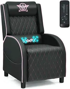 GYMAX Massage Gaming Recliner Chair, Ergonomic Racing Style Single Sofa with Adjustable Headrest, Backrest & Footrest, Home Theater Sofa for Living Room Office (Pink)