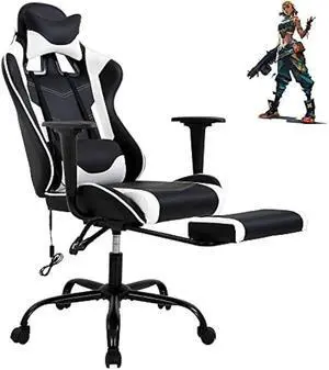 PC Gaming Chair Ergonomic Racing Office Chair Video Game Chair, Massage Function Lumbar Support with Arms Footrest & Headrest Nice Chic Desk Chair, Adjustable Home Office Chair - White