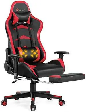Goplus Massage Gaming Chair, Reclining Backrest, Handrails and Seat Height Adjustment Racing Computer Office Chair, High Back Ergonomic PU Leather Swivel PC Game Chair with Footrest (Red)