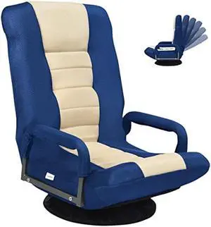 GOFLAME Swivel Gaming Floor Chair, 360 Degree Folding Chair with Adjustable 6-Position Backrest and Armrest, Lazy Sofa Lounger for TV, Reading, Playing Video Games (Blue/Beige)
