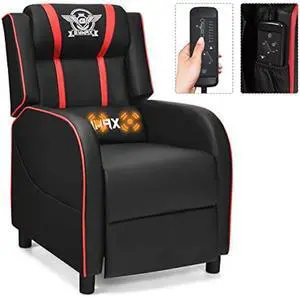 GYMAX Gaming Recliner, Massage Gaming Chair with Adjustable Footrest, Remote Control & Side Pocket, Ergonomic Game Lounge Chair, Racing Style Single Theater Seat Game Sofa for Adults (Red)