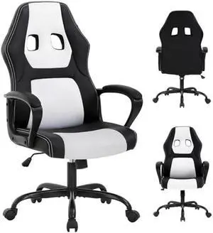 Gaming Chair PC Office Chair Ergonomic Gamer Chair PU Leather Executive Computer Chair with Lumbar Support High Back Adjustable Rolling Swivel Desk Chair for Adult Teen, White