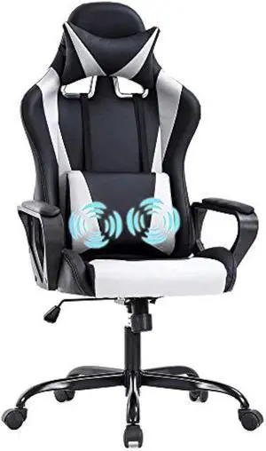 Pc Gaming Chair High Back Ergonomic Office Chair with Lumbar Support Arms Headrest Massage PU Leather Racing Computer Chair Adjustable Swivel Game Chair for Adult Kid, White