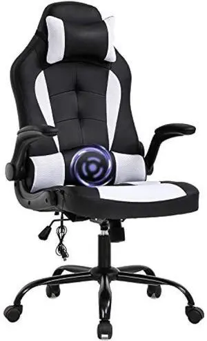 Massage Gaming Chair Office Chair Ergonomic PU Leather Desk Chair with Lumbar Support, Headrest, Flip-Up Armrests, and Swivel Rolling Base, Ideal for Women Adults, White