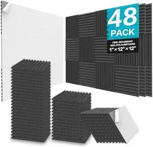 JBER Acoustic Foam Panels, 48 Pack 12x12x1 Inch Upgraded Self-Adhesive Soundproof Wall Panels Sound Absorbing Panel Treatment for Home Office Studio - Black