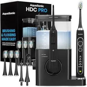 AquaSonic Home Dental Center PRO  Brushing & Flossing Made Easy  Brush & Floss  Power Toothbrush & Water Flosser  Whiter Teeth & Healthier Gums  Black Series Pro+Oral Irrigator