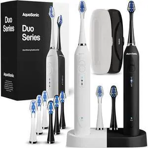 Aquasonic Duo - Dual Handle Ultra Whitening 40,000 VPM Wireless Charging Electric ToothBrushes - 3 Modes with Smart Timers - 10 Dupont Brush Heads & 2 Travel Cases Included Aquasonic Duo - Dual Handle Ultra Whitening 40,000 VPM Wireless Charging Electric ToothBrushes - 3 Modes with Smart Timers - 10 Dupont Brush Heads & 2 Travel Cases Included