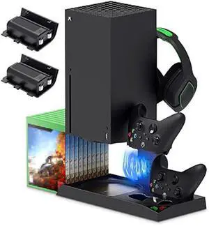 Vertical Cooling Stand Compatible with Xbox Series X with Cooling Fan, Cooling Station Dock with 10 Game Storage Organizer, Controller & Headphone Holder, 2X1400 mAh Rechargeable Battery Packs