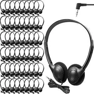 48 Pack Classroom Headphones on Ear Wired Stereo Headset with 3.5mm Jack, Over The Head Student Earphone Set for Kids Adults School Library Airplane Computer Laptop, No Microphone (Black)