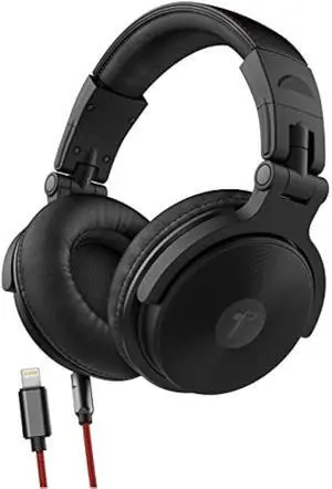 Thore Over Ear iPhone Headphones with Lightning Connector (Apple MFi Certified)  Closed Back Studio DJ Monitor Earphones (50mm Neodymium Drivers) (V200 Black/Red)