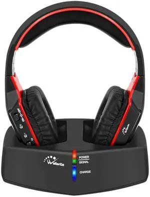 WallarGe Wireless Headphones for TV Watching with RF Transmitter Charging Dock, Plug and Play, 100 Ft Wireless Range, Rechargeable 20 Hour Battery (Black with Red)