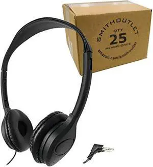 SmithOutlet 25 Pack Bulk Headphones for Schools, Classrooms, Students, Libraries | Wired 3.5 MM Jack | Soft Leatherette Cushions | Part SG-313-25 Black