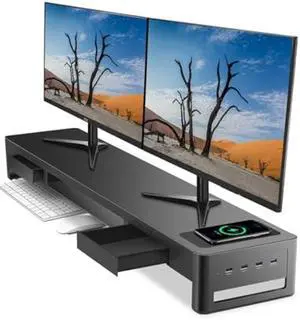 meatanty Dual Monitor Stand Riser with 2 Drawers,4 USB Ports and Charging Pad,Metal Monitor Stand for 2 Monitors Supports Transfer Data and Charging,Desk Organizer for PC,iMac(38.7 inches)