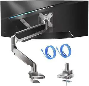 WALI Ultrawide Monitor Arm for 13 to 49 Inch Heavy Duty Curved Screens, Adjustable Gas Spring Single Monitor Desk Mount with 2 USB 3.0 Ports, Holds 33 lbs, 75x75/100x100 VESA, Silver (GSMU001)