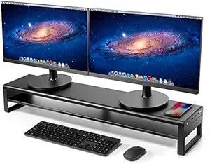 Vaydeer 2 Tiers Dual Monitor Stand Aluminum Monitor Riser with Wireless Charging and 4 USB 3.0 Hub Ports Metal Strong&Sturdy for PC Monitor Laptop Computer TV Printer Space Saving Desk Organizer