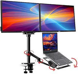 Height Adjustable 3 in 1 Laptop Monitor Stand Compatible with 13 to 17.3 inch Laptop, Hold 2 Monitors 11 to 27 inch with Vesa, Monitor Desk Stand arm Riser Mount Stand Workstation (Black)
