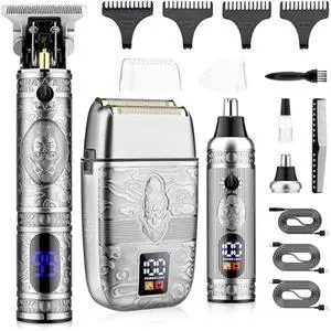 Professional Hair Trimmer Hair Clippers for Men, Nose Hair Trimmer Shaver Set,Cordless T-Blade Beard Trimmer Barber Clippers,Electric Razor Foil Shavers for Men Haircut Grooming Kit(Silver)
